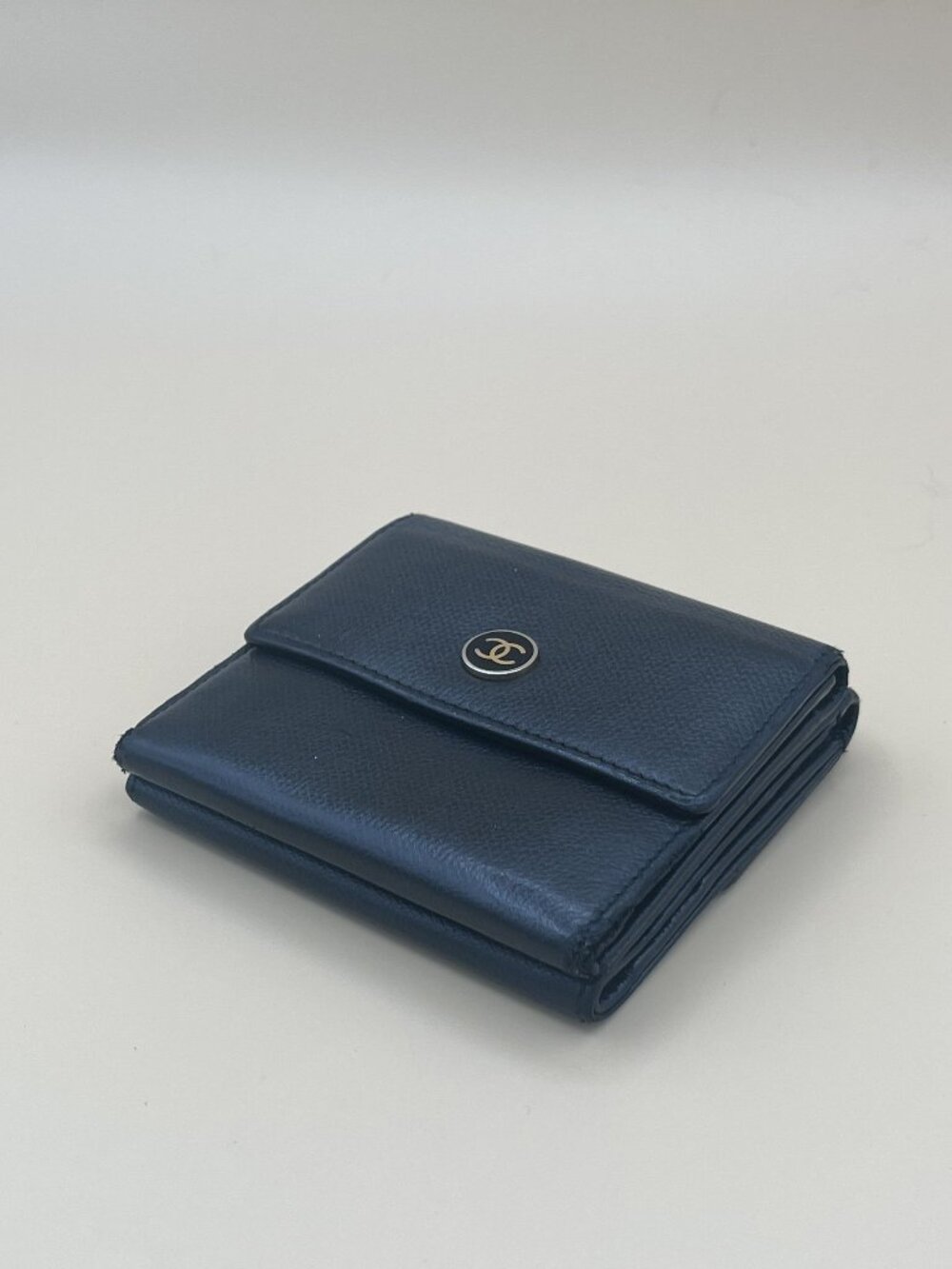 Chanel Black Leather Bifold Wallet With Gold CC Logo And Multiple Card Slots